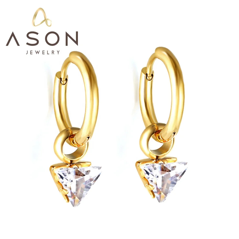Ason Jewelry New Fashion 18k Gold Plated Earrings Stainless Steel Triangle White Cubic Zirconia Pendant Hoop Earrings for Women
