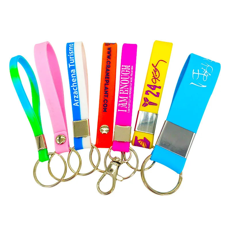 Wholesale Custom Printed Logo Eco-friendly Silicone Keychain Recyclable Soft Rubber Wrist Keyring Durable Anti-Lost Key Holder