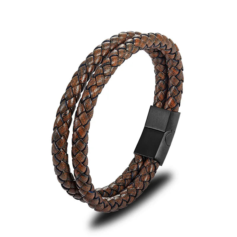 Double Layer Braided Genuine Leather Bracelet Natural Stone Lava Beads Jewelry Leather Bracelet Stainless Steel Magnetic Clasp