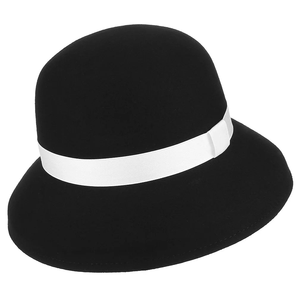 H7234 Women's French Retro Plain Fedora Hat Adult Bucket Cap with Ribbon Decor for Outdoor Scene Four Seasons