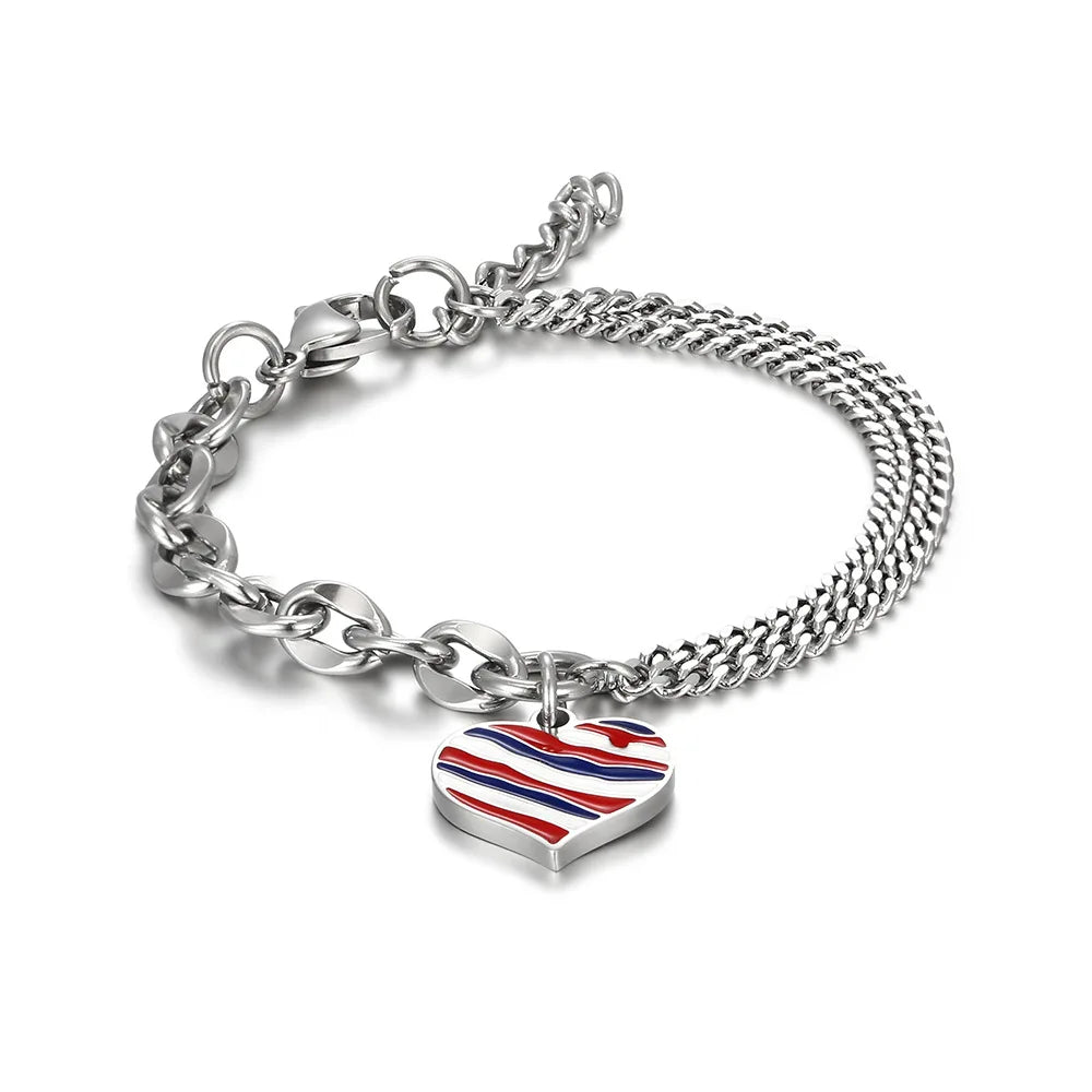 Popular Hip Hop Fashion Simple Double Layer Stainless Steel Link Chain Bracelet Vintage Men Drop Glue Peach Heart Bracelet