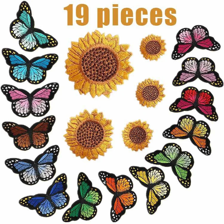 Wholesale 8X4.5CM Customize Logo Butterfly Sunflower Woven Embroidered Patch Iron on Embroidery Cloth Patches