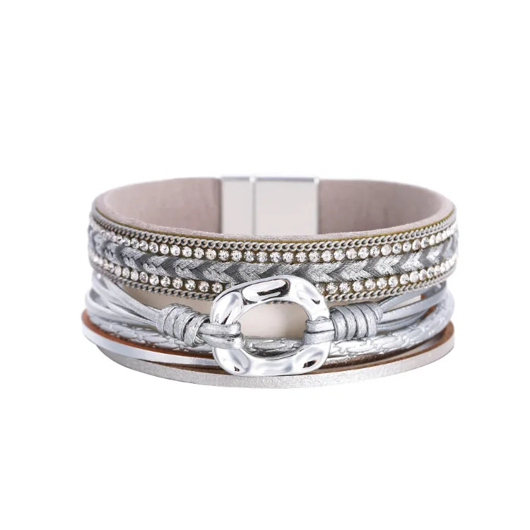 DHJ00193 Fashion Multi Layer Leather Bracelet With Rhinestones Women Magnetic Buckle PU Leather Bracelet