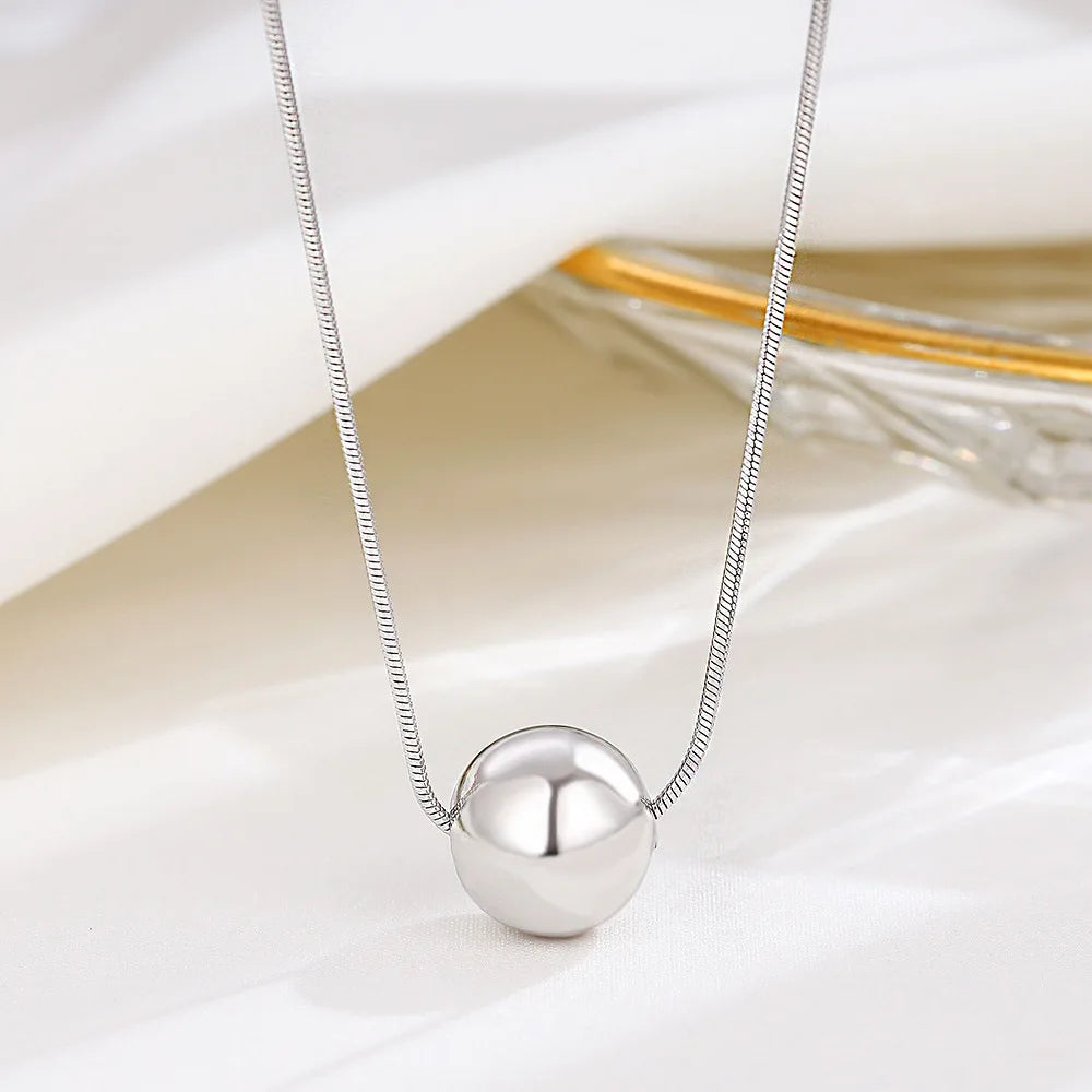 925 Sterling Silver Round Ball Pendant Simple Snake Chain Necklace for Women