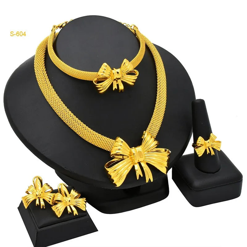 Jachon 24K Gold Jewelry Set Bride Gold-plated Four-piece Necklace Earrings Bracelet and Ring Set Dubai Bridal Jewelry Sets