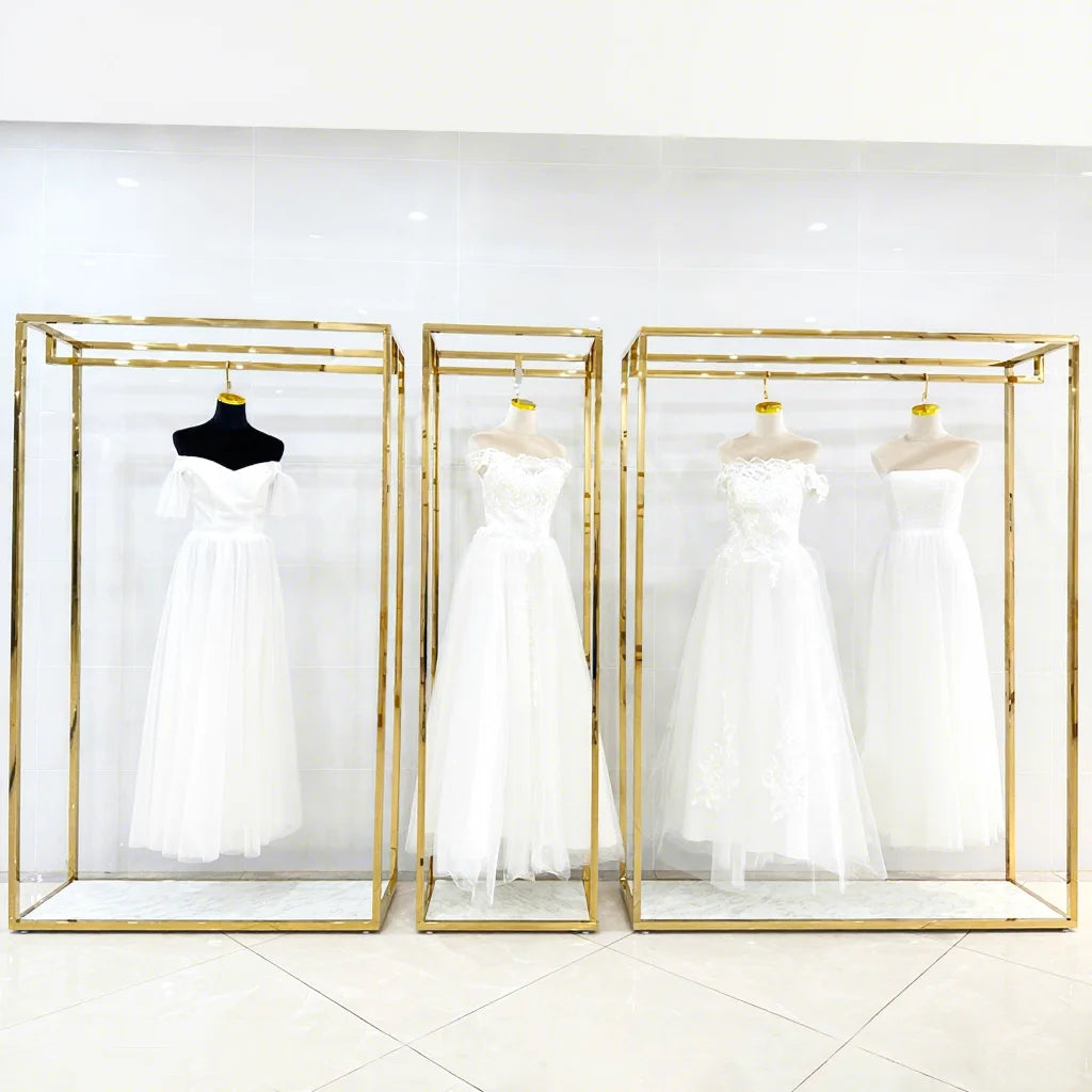 Stainless Steel Luxury Customized Wedding Dress Store Display Rack with Modern Design for Boutique Clothing Display Shelves MegaBDM