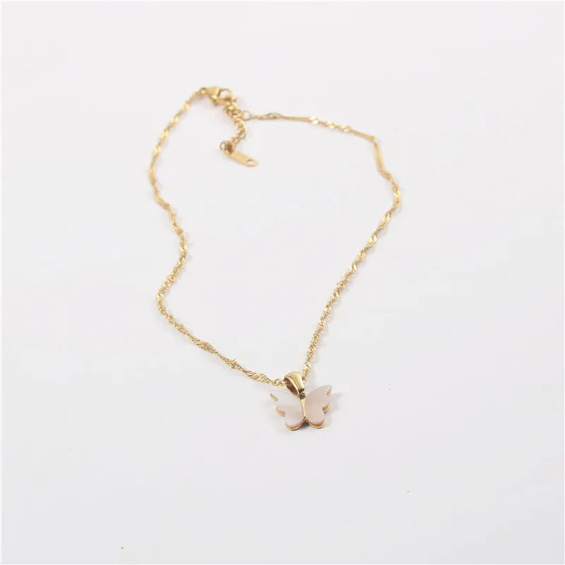 New Designs 18k Gold Plating Chain Shell Inlay Butterfly Pendant Choker Necklace for Women