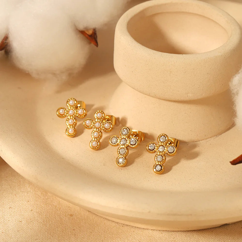 Dainty Classic Cross Stud Earrings Fashion Trendy Stainless Steel 18K Gold Plated Shinestone Diamond Pearl for Women Anniversary