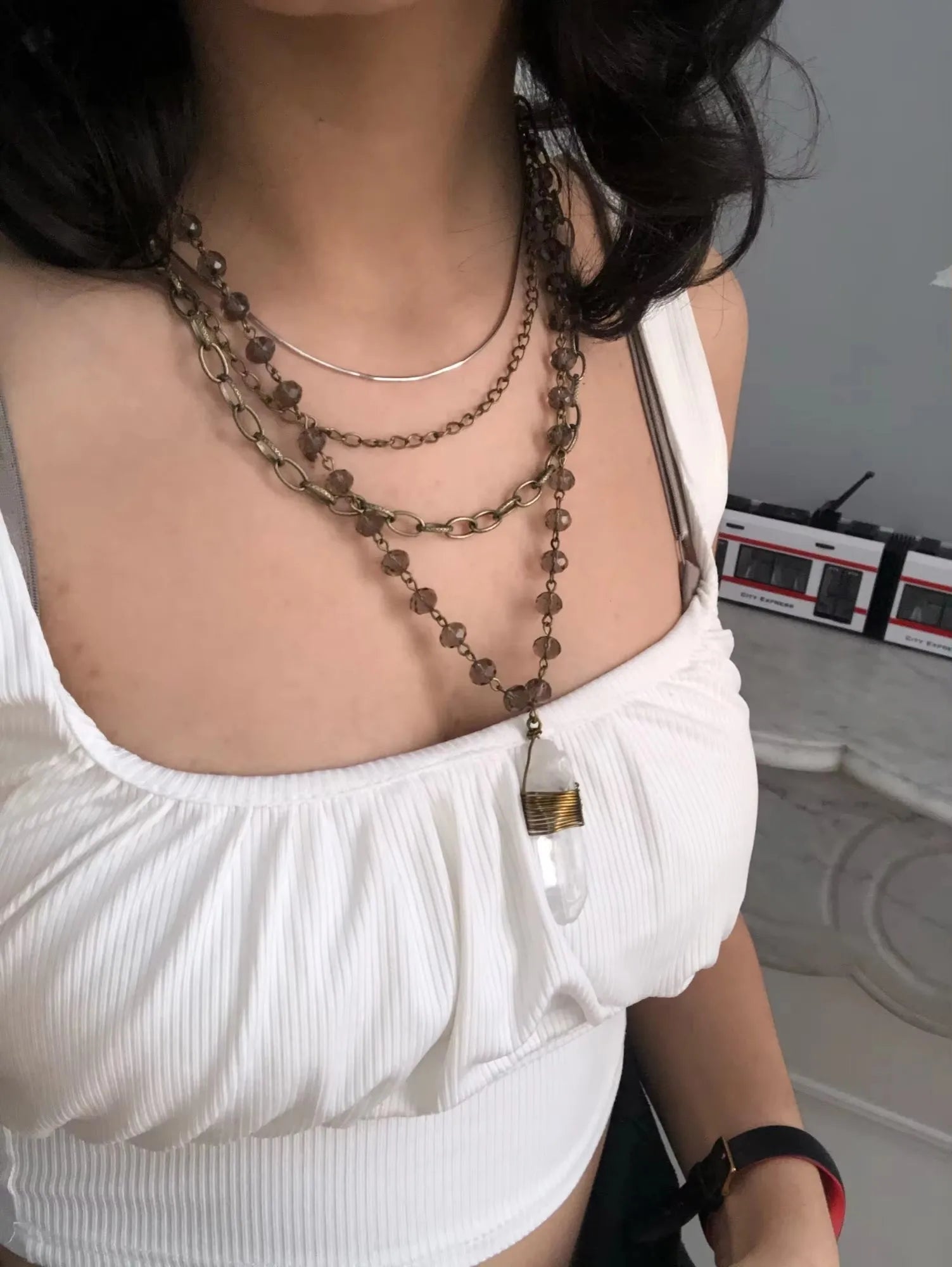 8mm Women Black Crystal Glass Rosary Link Chain White Hexagon 3 Layer Strand Multiple Choker Irregular Druzy Pendant Necklace