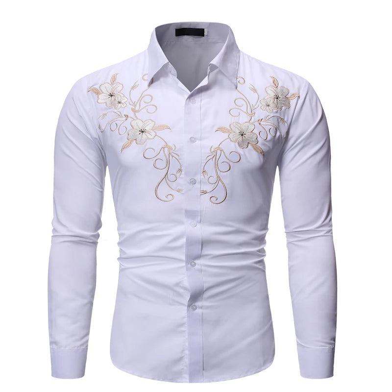 MS-90 New Men's Casual Embroidered Long Sleeve Solid Color Plain Shirt