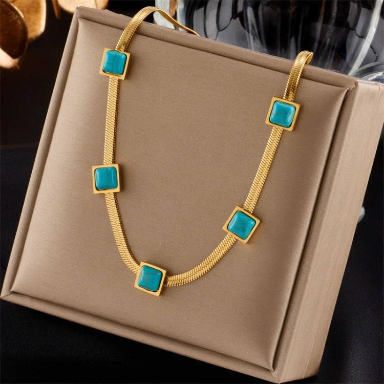 G2558 Wholesale Collier En Acier Inoxydable Stainless Steel Gold Plated Herringbone Flat Snake Turquoise Necklace Jewelry