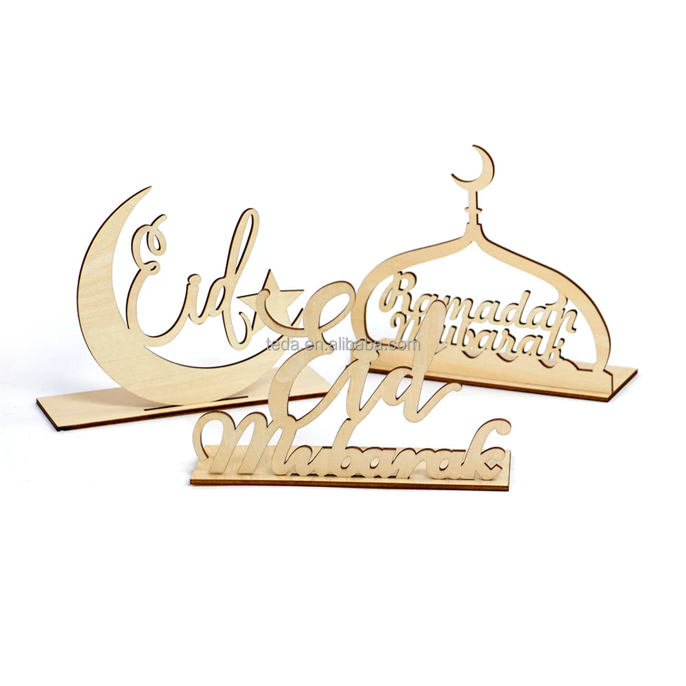 New Eid Wooden Ornaments Muslim Festival Table Mubarak LED Light Ramadan Decorations