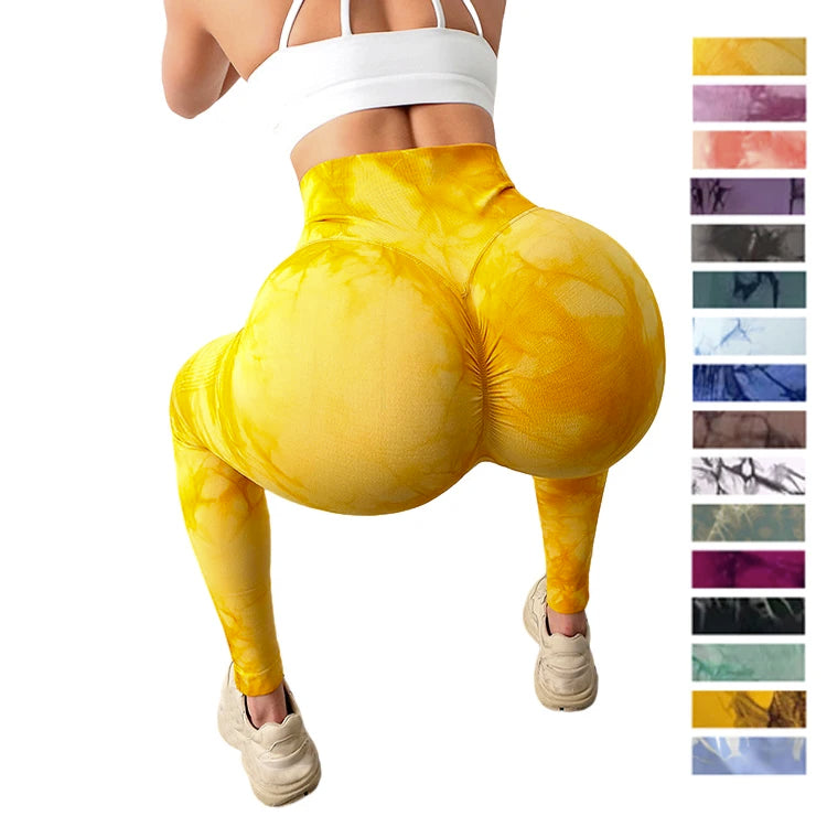 Wholesale Elastic Enhance Muscle Strength 87% Nylon 13% Spandex Seamless Marble Tie Dye Scrunch Back Yoga Gym Yoga Leggings