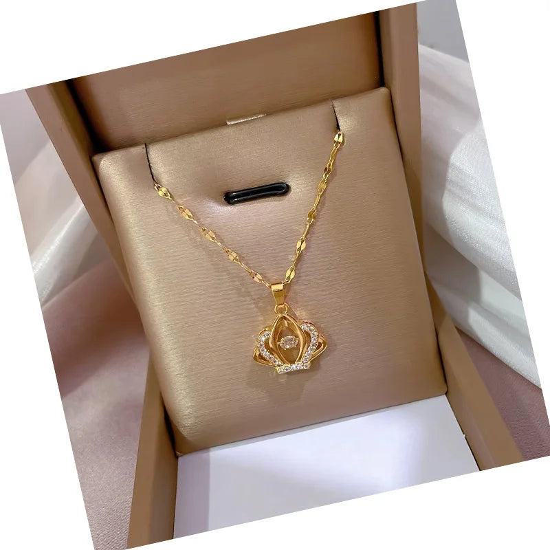 DAIHE Luxury Stainless Steel Crown Pendant Necklace Women Gold Plated Zircon Diamond Clavicle Chain