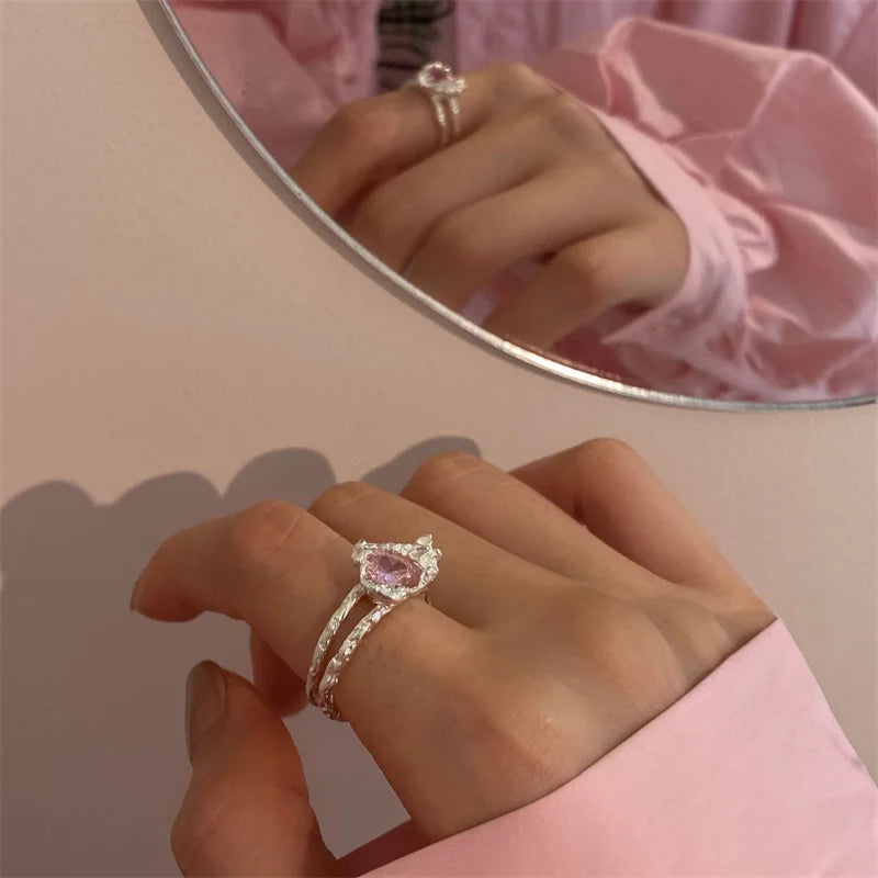Dedicate Fashionable Jewelry Ring 925 Sterling Silver Handmade Promise Heart pink Zircon Ring for Women