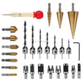 26pcs Woodworking Chamfer Drilling Tool HSS Straight Groove Step Drill Bit Set Titanium Coated Wood Metal Hole Cutter Tools
