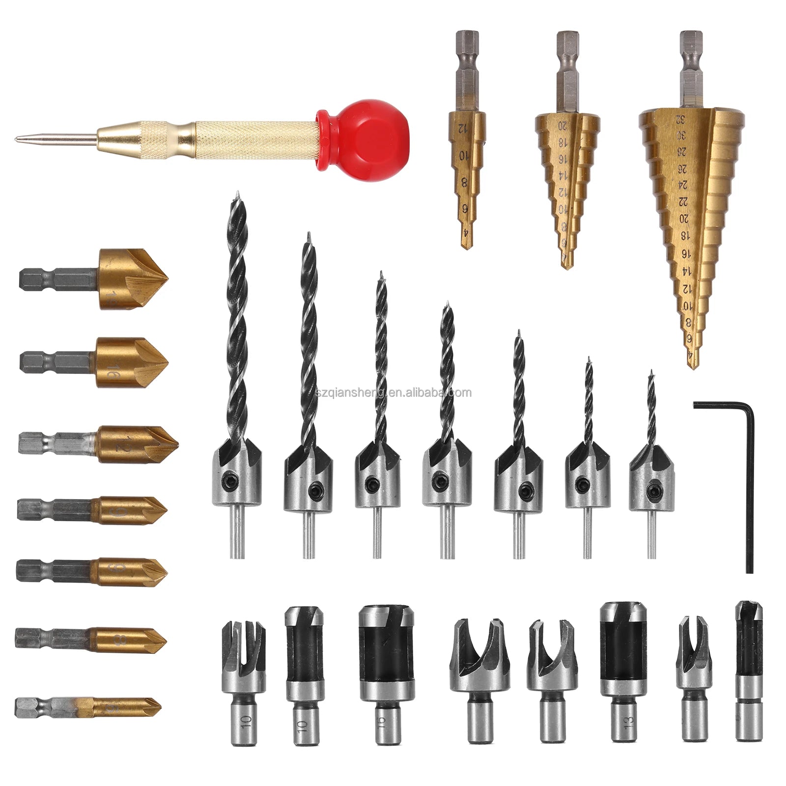 26pcs Woodworking Chamfer Drilling Tool HSS Straight Groove Step Drill Bit Set Titanium Coated Wood Metal Hole Cutter Tools