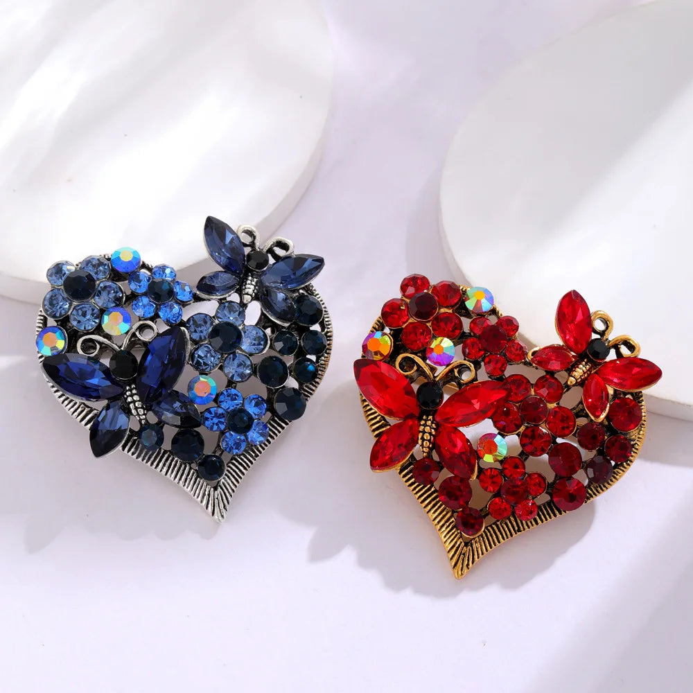 Vintage Large Blue Red Heart Shaped Coat Suit Corsage Bling Rhinestone Crystal Love Heart Butterfly Brooch Women Jewelry