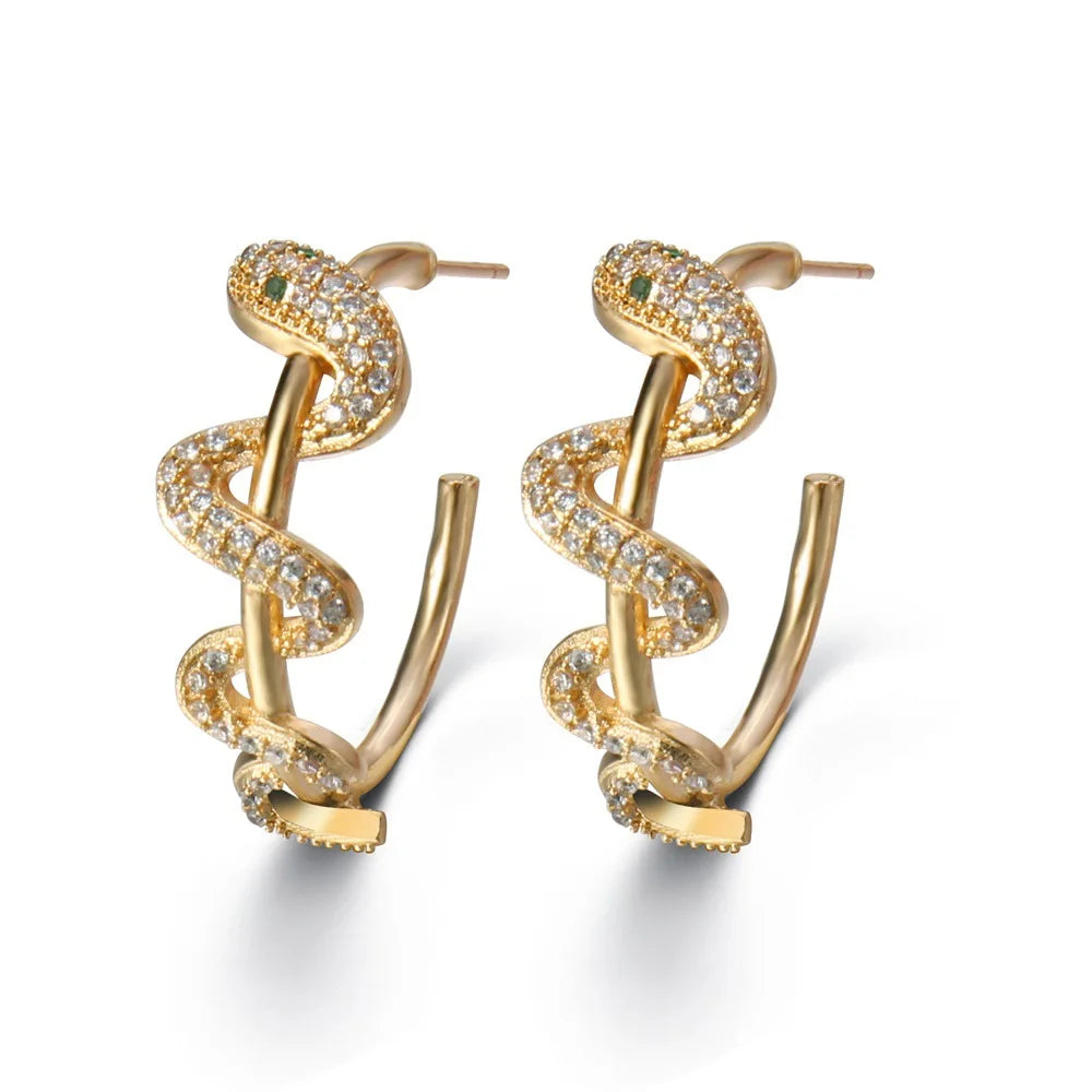 Wholesale Korean Style Stainless Steel Snake Earrings Popular Fashion Snake Shaped Ring ZirconTime 18k Gold Plated Earrings