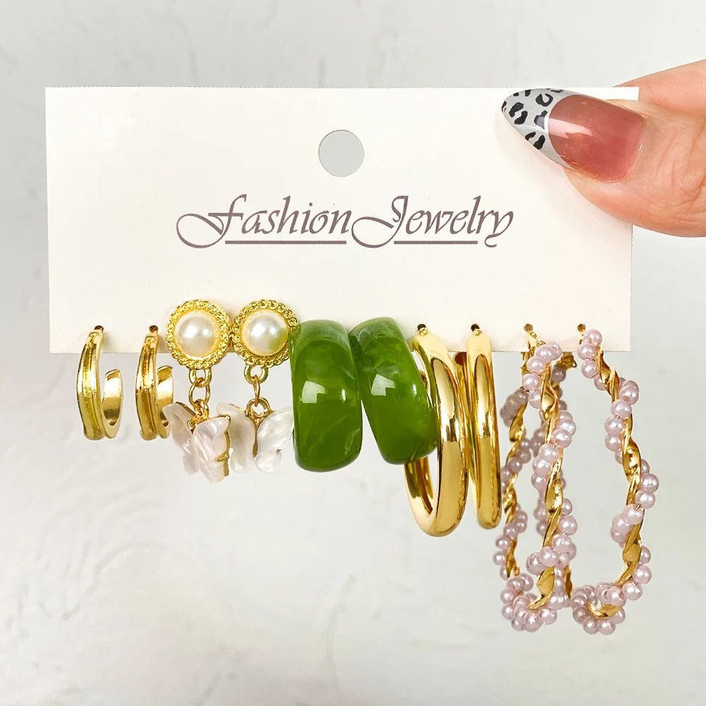 VKME  Newest Fashion Twist Stud Earrings Set Gold Color Plating Pearl Butterfly Hoop Earrings Cards for Women