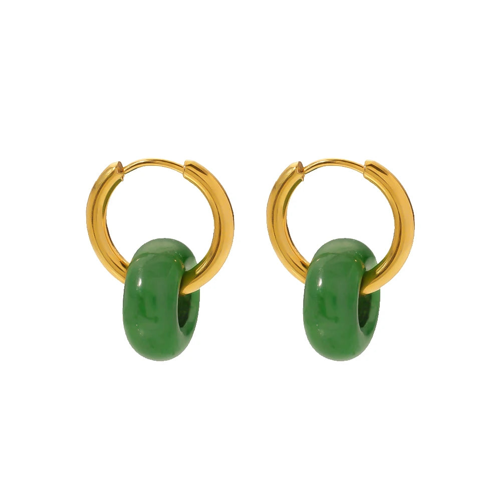 French Style Stainless Steel 18K Gold Plated Retro Green Jade Hoop Earrings for Women Natural Stones Earrings