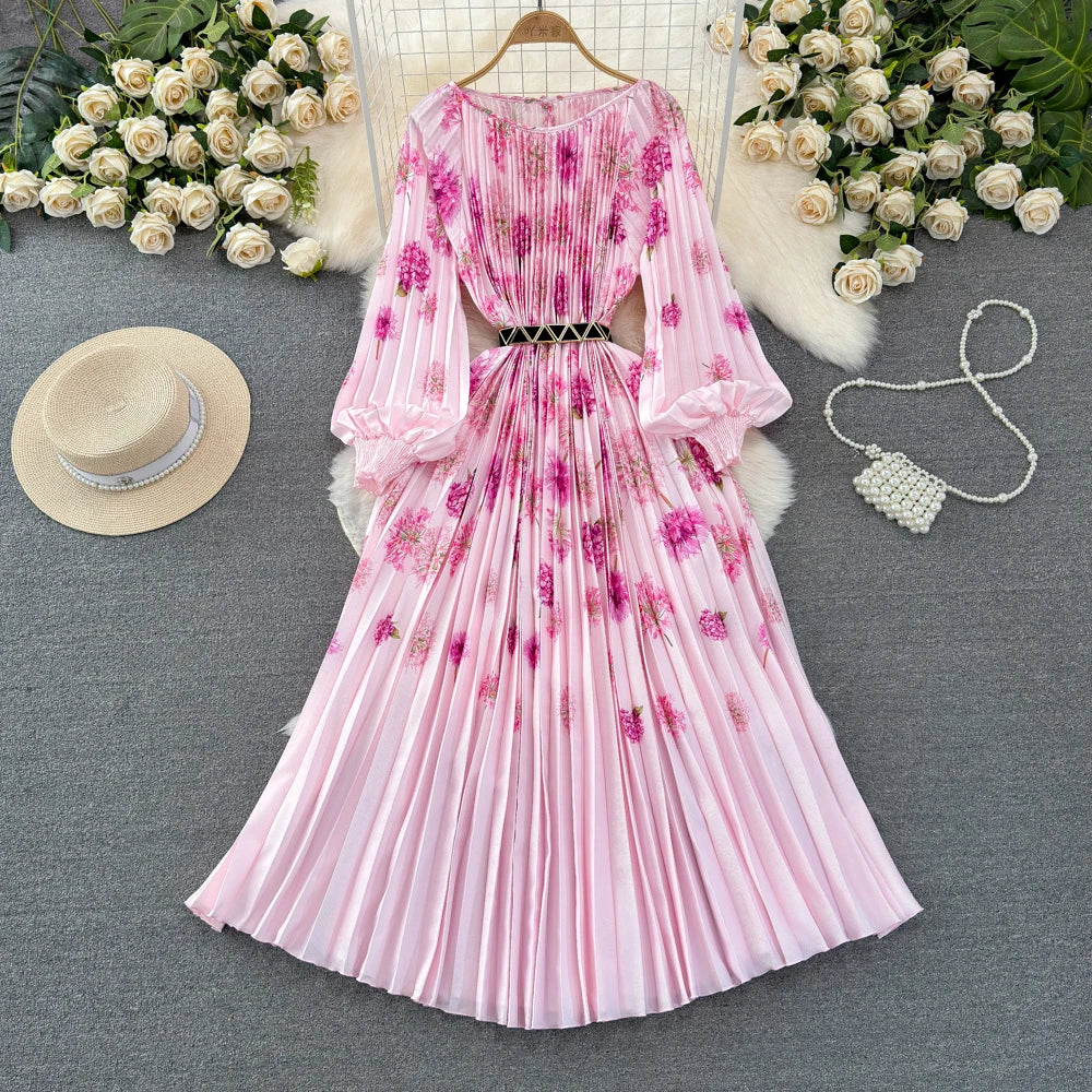 LW0643 Temperament Lantern Long Sleeve Waist A-Line Printed Pleated Dress Socialite Party Dress Evening Dresses