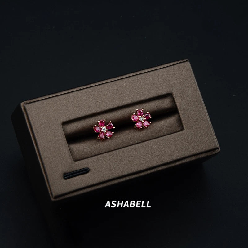 Original Design Korean Rose Gold Pink 925 Sterling Silver Ruby CZ Diamond Flower Stud Earrings for Women