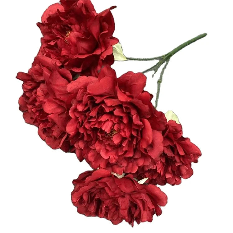 Hot Selling C-1419 Elegant Modern Detachable New Arrival Red & White Silk Artificial 5-Head Peony Flower Bouquets