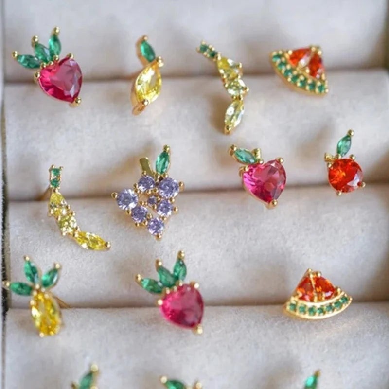 New Lovely Tropical Fruit Stud Earring Girls Charm Diamond Zircon Mini Cherry Orange Strawberry Earrings Women Kids Jewelry