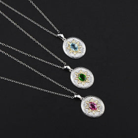 Gemstone Retro Pendant Necklace Valentine Day Gift Women Jewelry Silver Plated Gold New Italian Brushed Craft Natural S925 18K