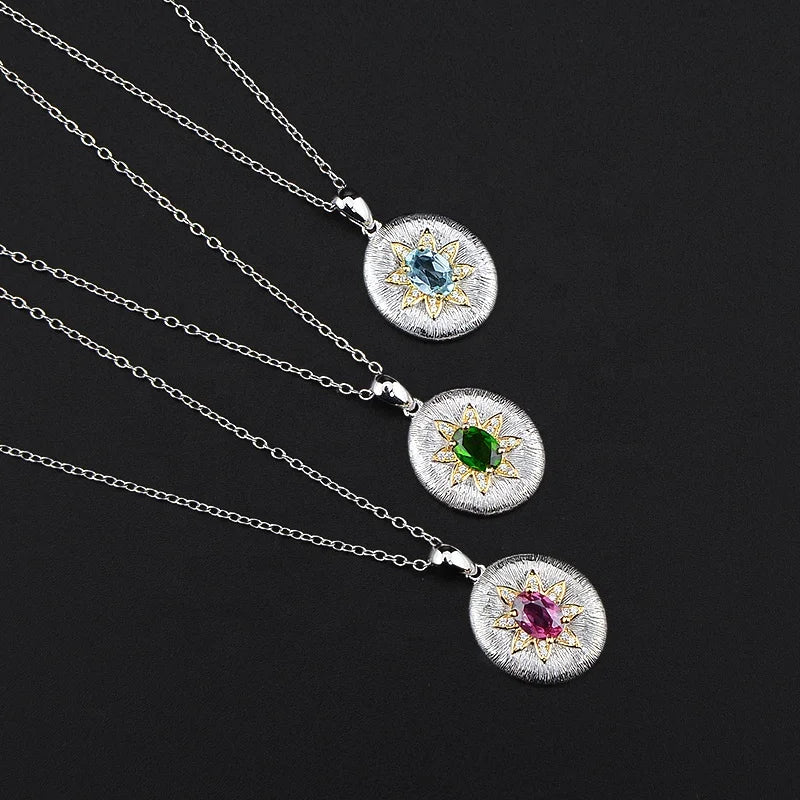 Gemstone Retro Pendant Necklace Valentine Day Gift Women Jewelry Silver Plated Gold New Italian Brushed Craft Natural S925 18K