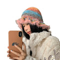 Vintage Rainbow Stripe Multi Color Knitted Beanies Women Wool Ruffled Bucket Hat Winter Hat