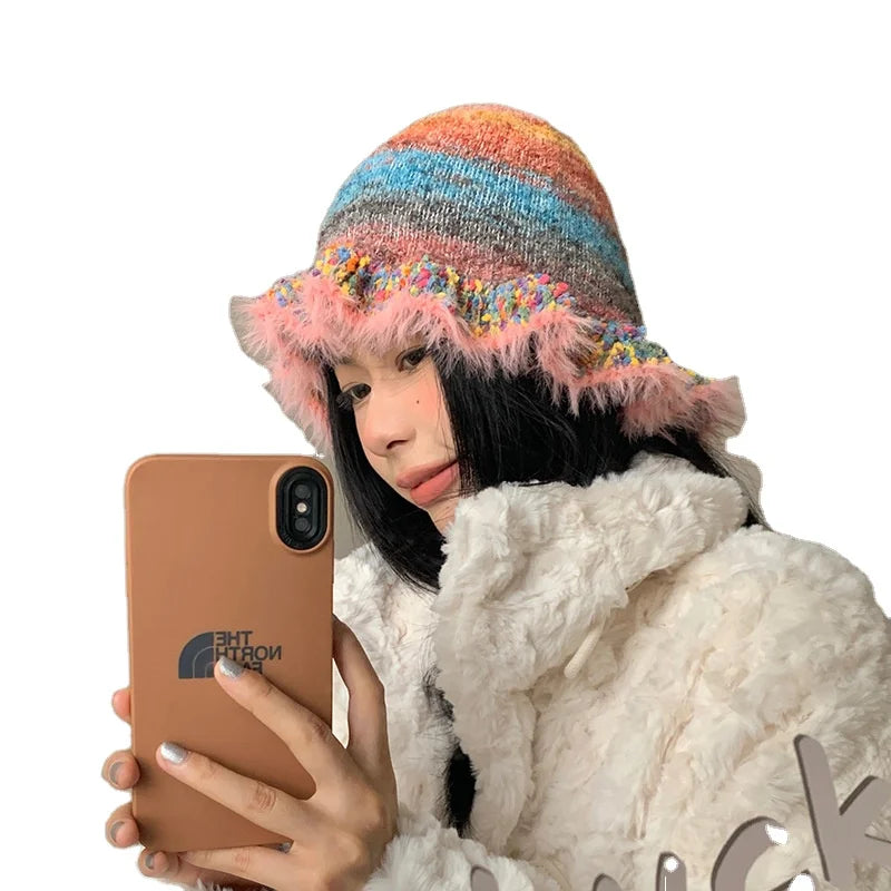 Vintage Rainbow Stripe Multi Color Knitted Beanies Women Wool Ruffled Bucket Hat Winter Hat