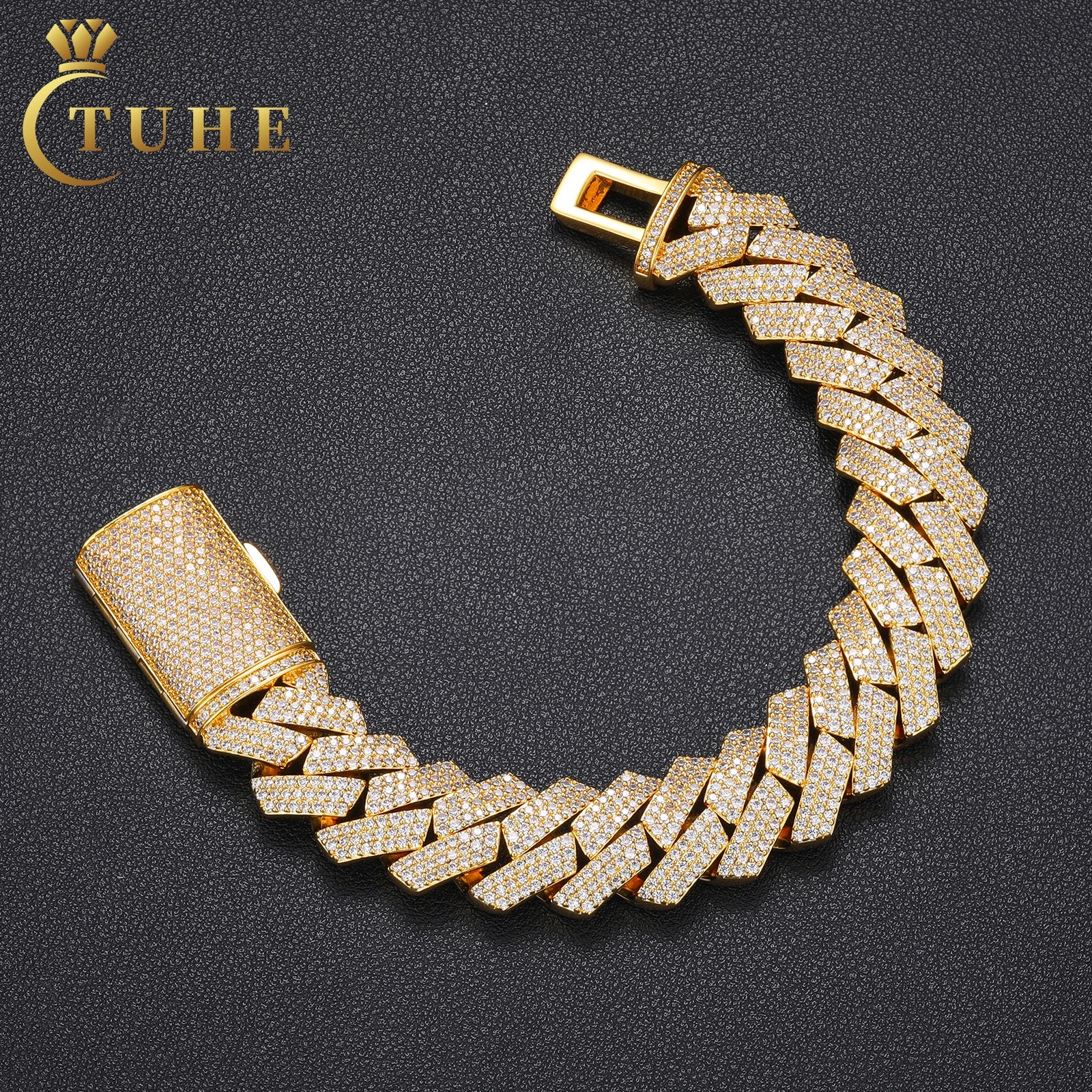 Fashion Men's Hip Hop Jewelry 16mm Solid Gold Plated Brass 3 Rows AAAAA CZ Diamond Iced Out Heavy Cuban Link Bracelet