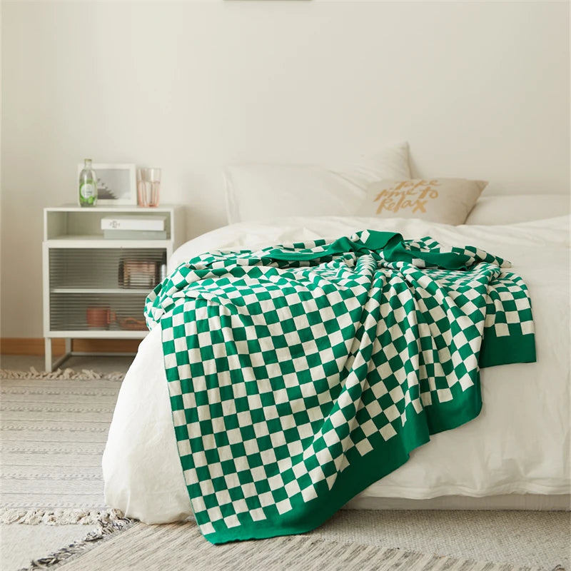 Latest Popular Checkerboard  Wholesale 100% Cotton Throws Knitted Blanket for Sofa MLG