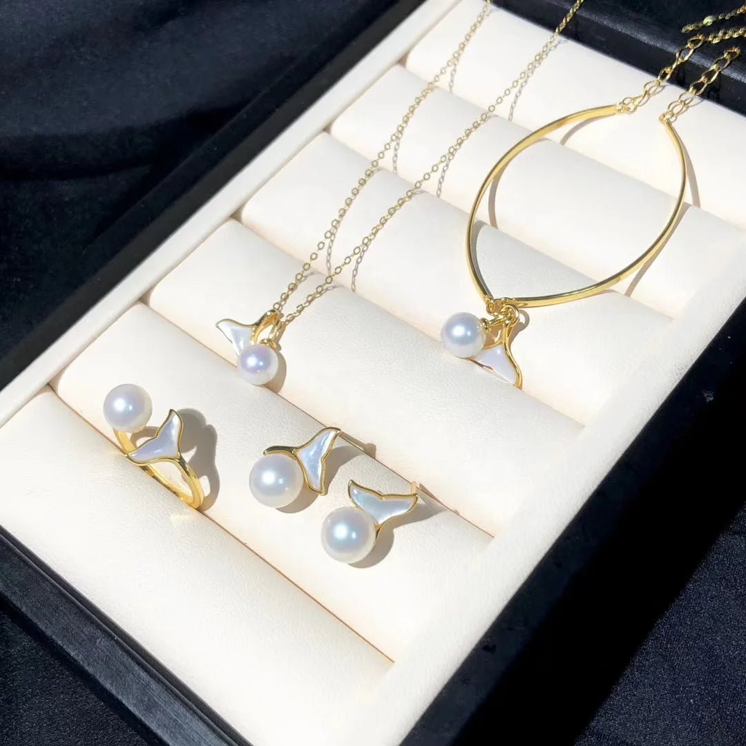 JW018 6-8mm DIY Natural Real Freshwater Pearl Set Charm  Accessories 925 Sterling Silver  Gold Plated Jewelry Set for Women