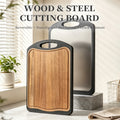 Acacia Wood and Stainless Steel Double Sided Cutting Board with Juice Groove Meat Vegetable Fruit Cooking Kitchen Chopping Board