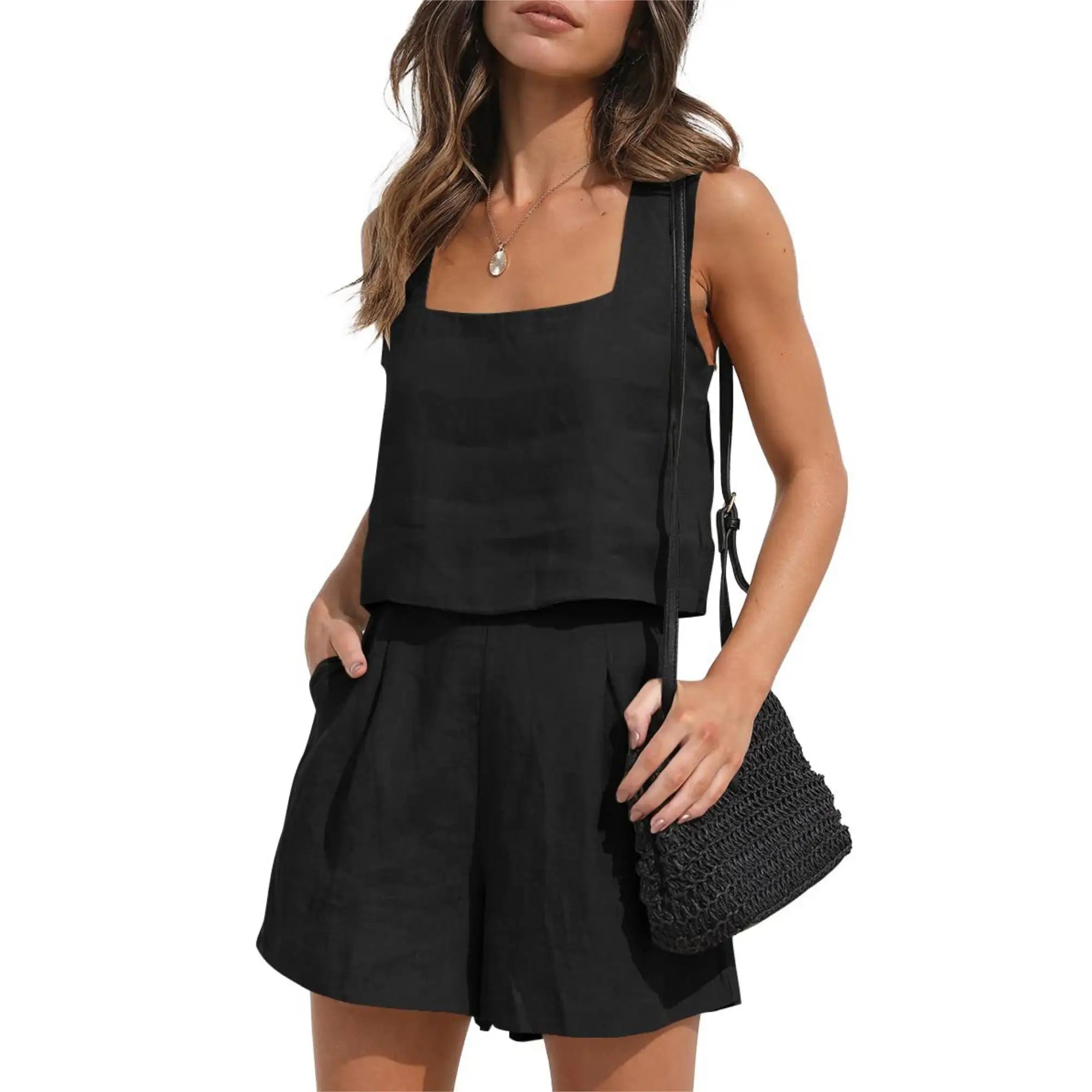 Women 2 Piece Outfits Lounge Matching Two Piece Linen Crop Tops High Waist Shorts 2023 Trendy Clothes Summer Vacation Yoga Sets