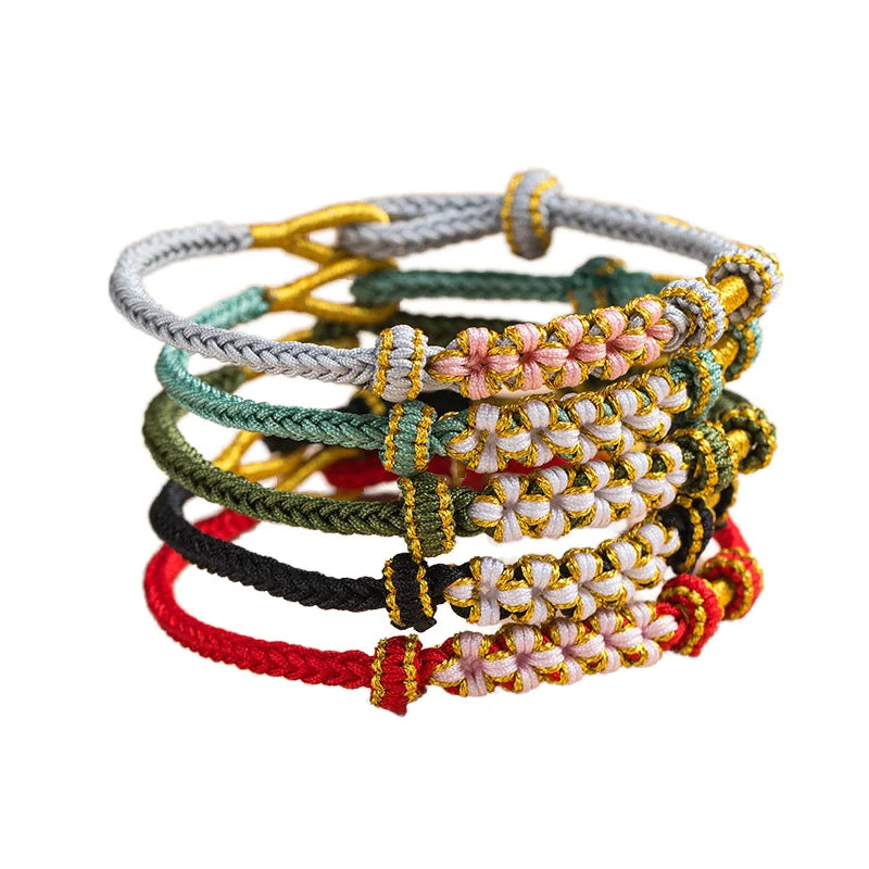 Vintage Hand Woven Peach Flower Knot Bracelet Geometric Patterned DIY Pendant Trendy Rope Bangle for Women Men for Wedding Gift
