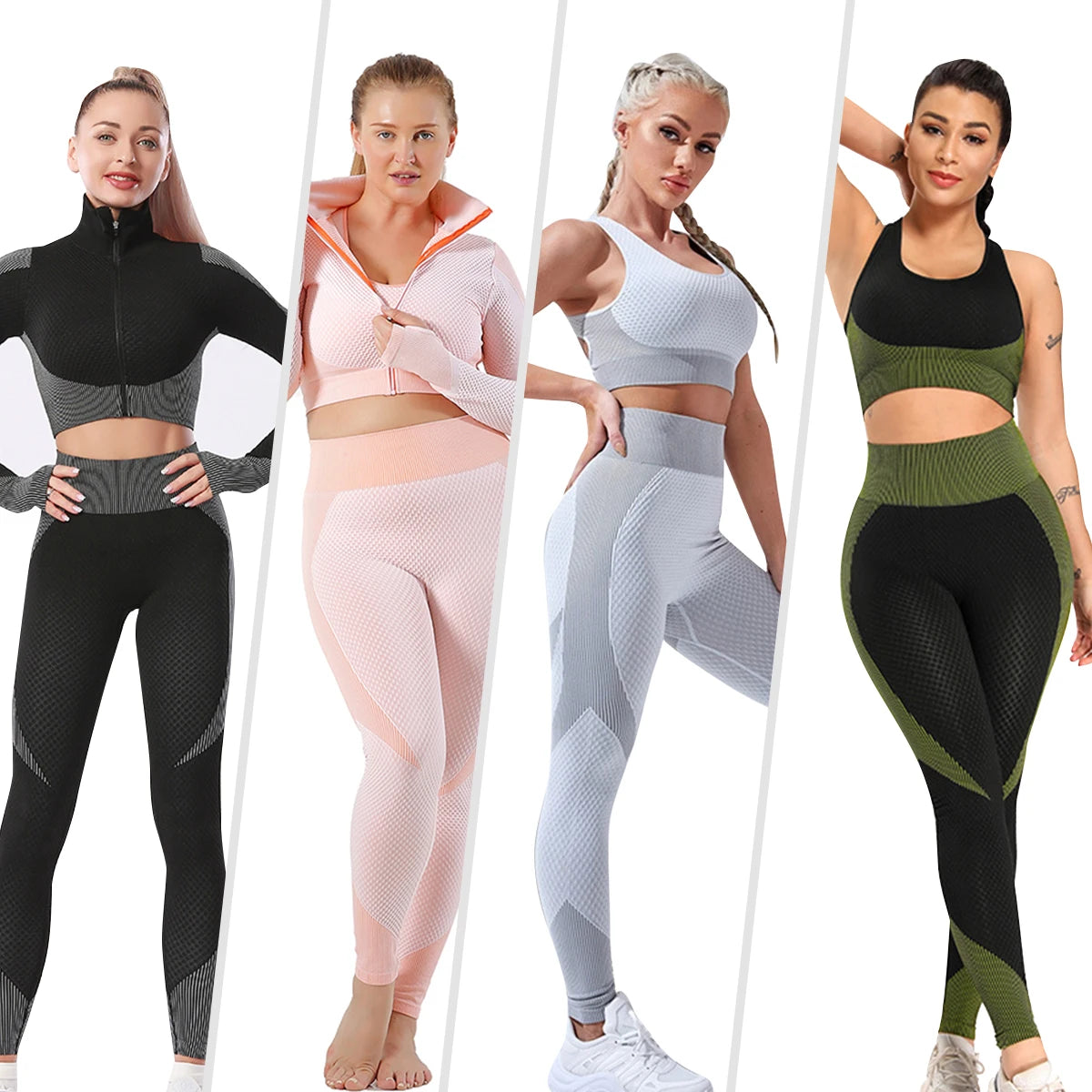 Women's Plus Size 4XL Gym and Fitness Seamless Yoga Set-Long Sleeve Zipper Leggings Breathable and Lightweight 3 Pieces