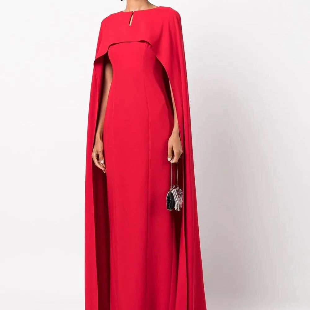 Good Quality Cape Effect Crepe Gown Satin Elegant Night Long Party Dress Prom Evening Dresses