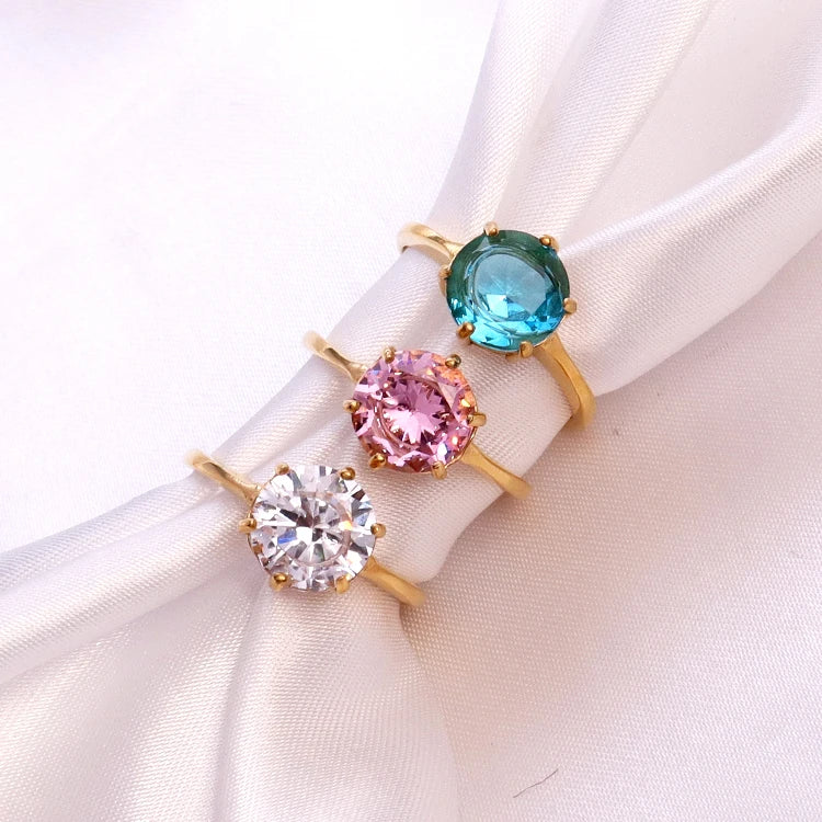 Luxury Multi Color Gemstone Ring Stainless Steel Jewelry 18K Gold Waterproof Shiny Cubic Zircon Pink Blue Clear Cz Stone Ring
