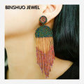 BINSHUO Gold Plated Geometric Trendy Tassel Ear Stud Bohemian Custom Jewelry Fashion Exaggerated Handmade Colored Seed Earrings