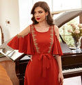 Burnt Orange Leaky Shoulder Design Ruffle Sleeve Dress Middle Eastern Family Party Maxi Dress