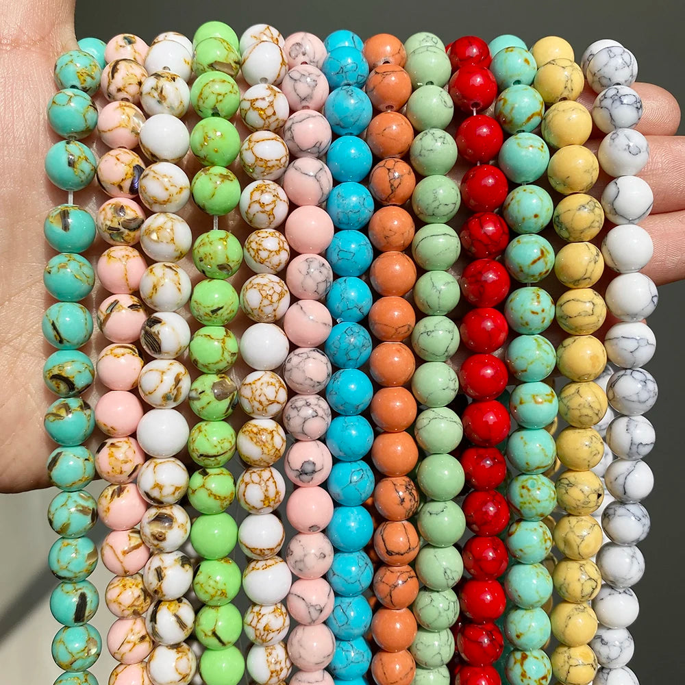 Wholesale round White/Black/Blue Golden Lace Howlite/Shell Turquoise Beads Stone Material for DIY Bracelet Jewelry Making