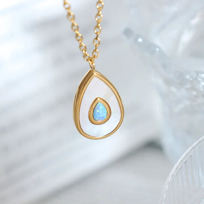 Waterproof 18k Gold Plated Stainless Steel Jewelry Gift Water Drop White Shell Oval Pendant Necklace
