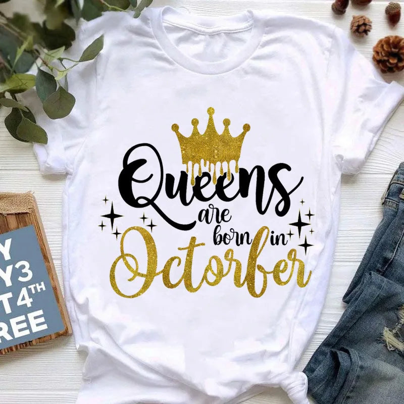 Golden Crown Queen Are Born in January to December Graphic Print T-Shirt Women'S Clothing Tshirt Femme Birthday Gift Tops