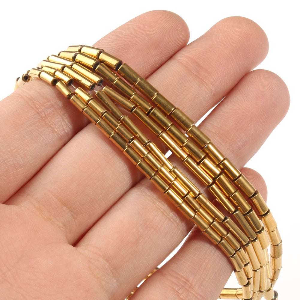 Wholesale Natural 4/5/8mm Real Gold Plated Cylinder Shape Semi Gemstone Hematite Beads 38cm Strand for Jewelry Making DIY