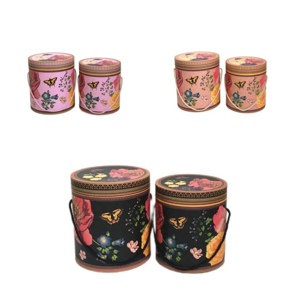 Retro Printed Round Gift Box Portable Flower Bucket with Hand Elegant Embossing Wholesale Two-Piece Flower Hug Bucket