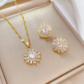 Trendy Luxury Stainless Steel Crystal Sun Flower Stud Earrings Sparkling Zircon CZ Sunflower Necklace Dainty Jewelry Set